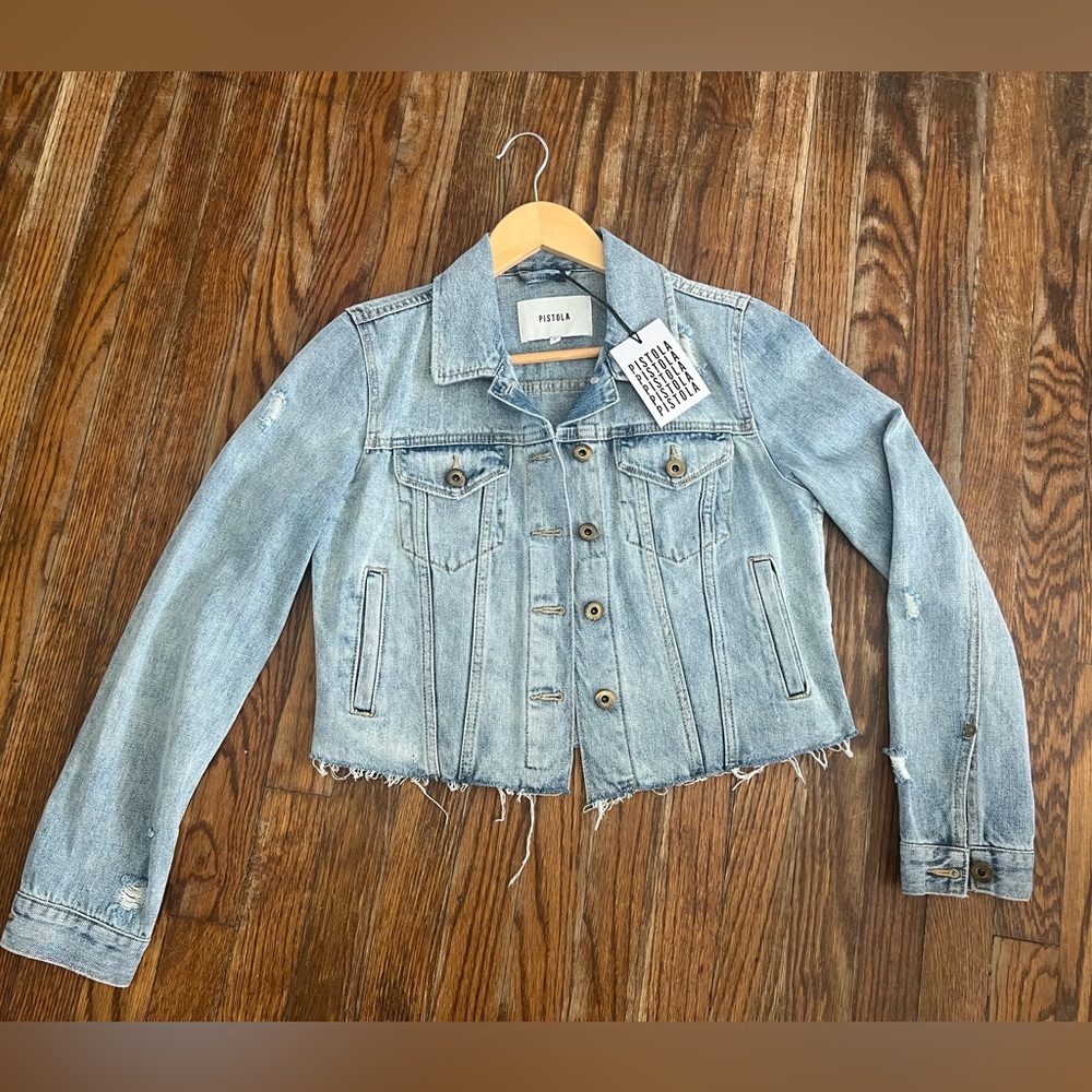 Pistola Cropped Blue Denim Jacket with Distressed Hem